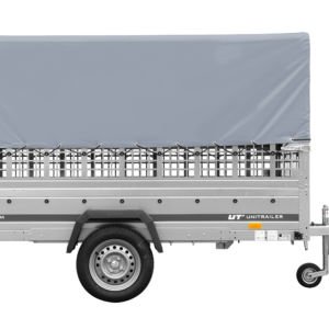 1-Achs-Anhänger GARDEN TRAILER 264 KIPP mit Laubgitteraufsatz, grauer Hochplane, Hochspriegel und Stützrad