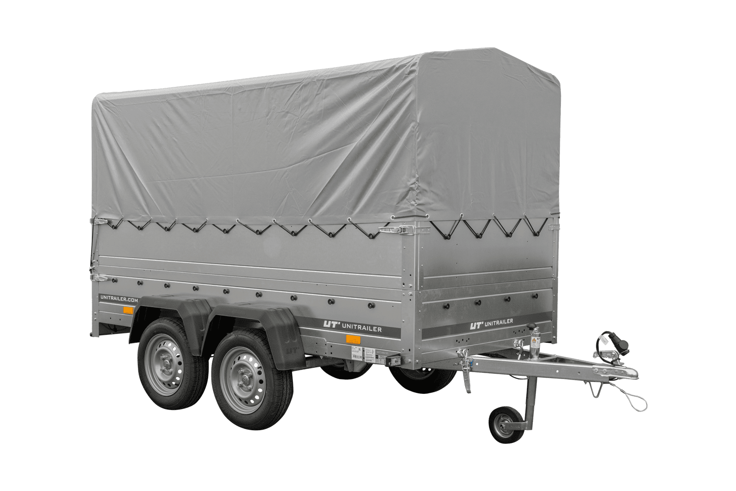 2-Achs Pkw-Anhänger UNITRAILER GARDEN TRAILER 264/2 KIPP mit Stützrad, Bordwandaufsatz, H-800 Rahmen und grauer Plane – Bild 3