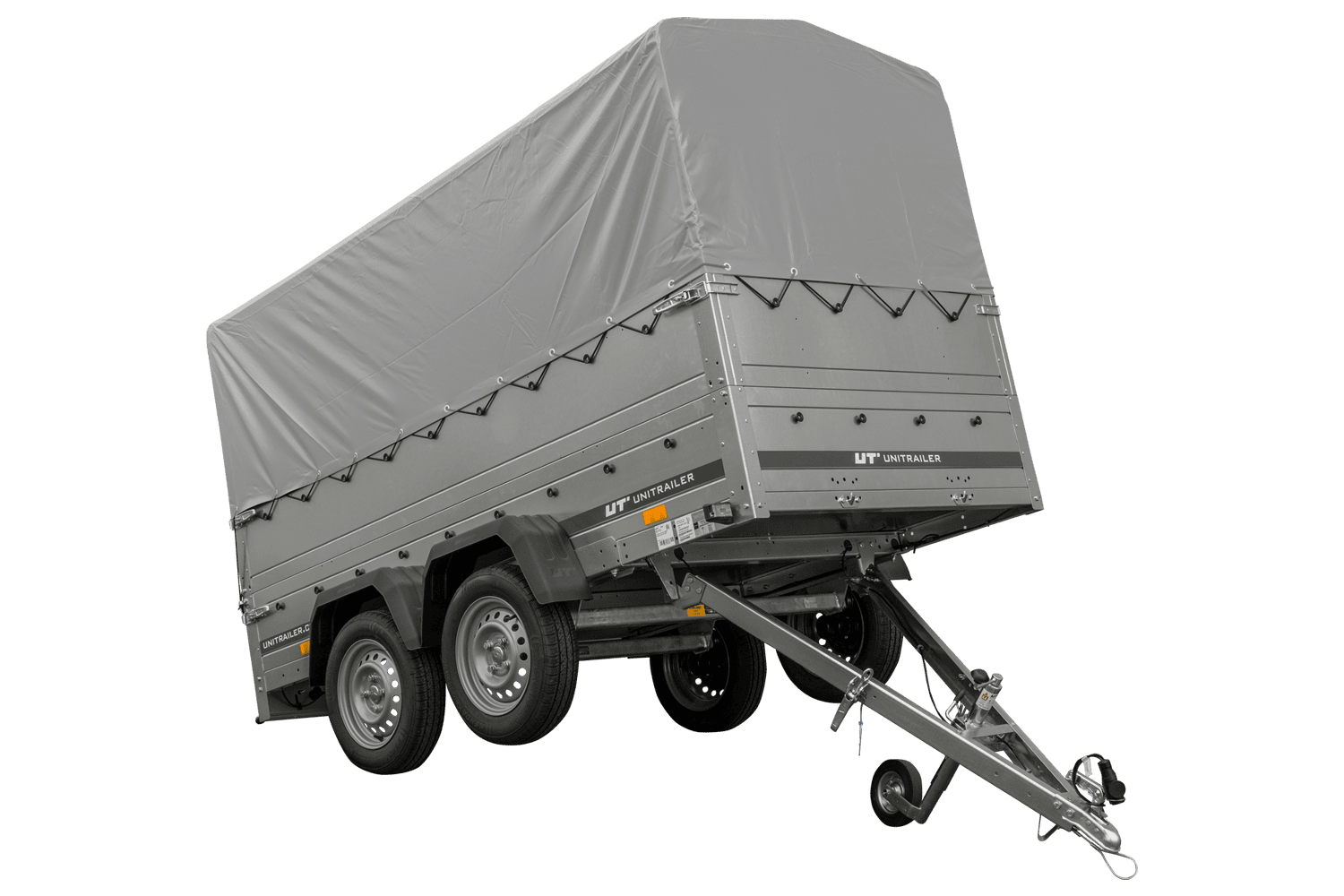 2-Achs Pkw-Anhänger UNITRAILER GARDEN TRAILER 264/2 KIPP mit Stützrad, Bordwandaufsatz, H-800 Rahmen und grauer Plane