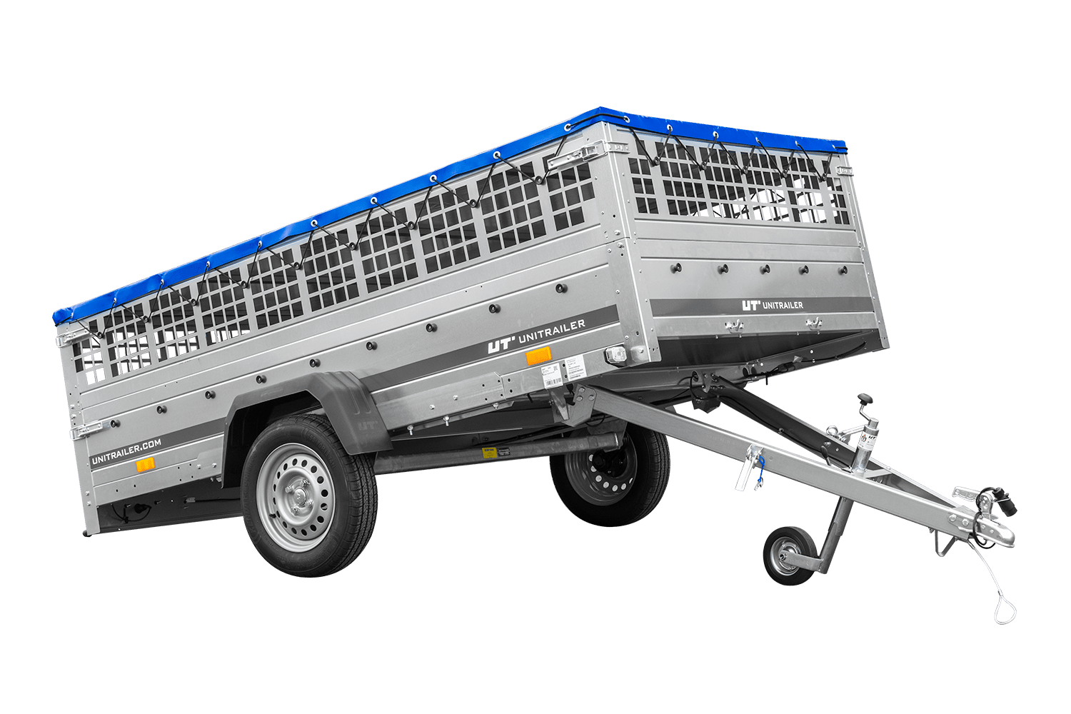 Anhänger 264×150 UNITRAILER GARDEN 265 KIPP mit Gitteraufsatz, Flachplanenträgern und blauer Plane – Bild 3