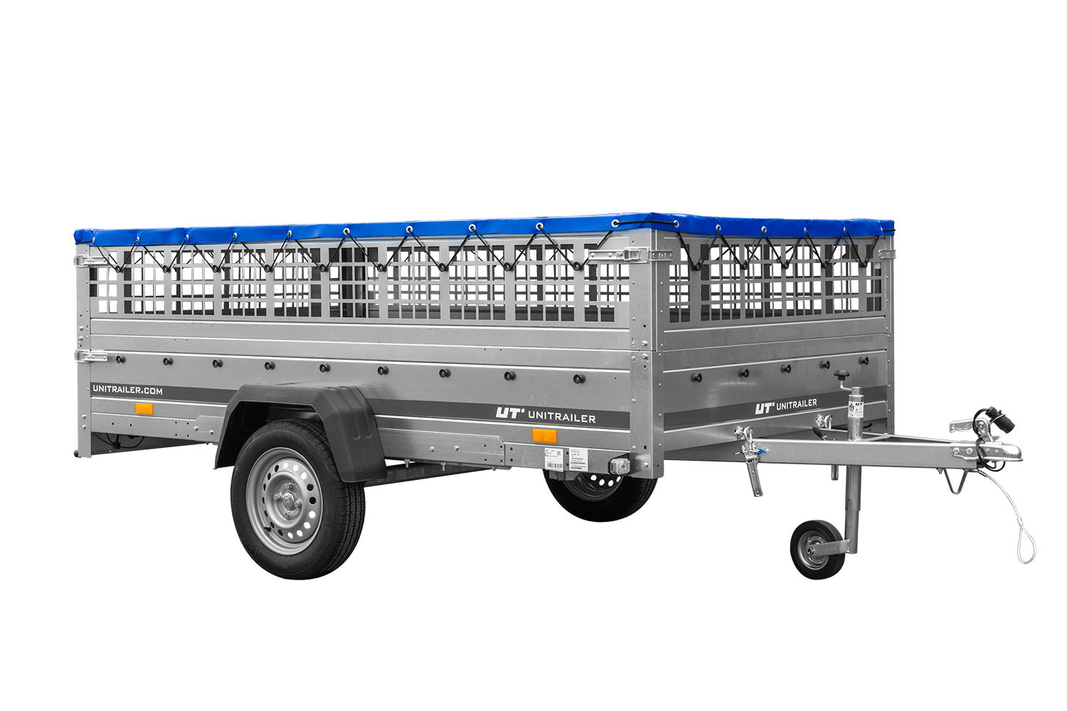 Anhänger 264×150 UNITRAILER GARDEN 265 KIPP mit Gitteraufsatz, Flachplanenträgern und blauer Plane – Bild 5