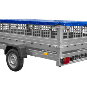 Anhänger 264×150 UNITRAILER GARDEN 265 KIPP mit Gitteraufsatz, Flachplanenträgern und blauer Plane