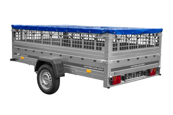Anhänger 264×150 UNITRAILER GARDEN 265 KIPP mit Gitteraufsatz, Flachplanenträgern und blauer Plane