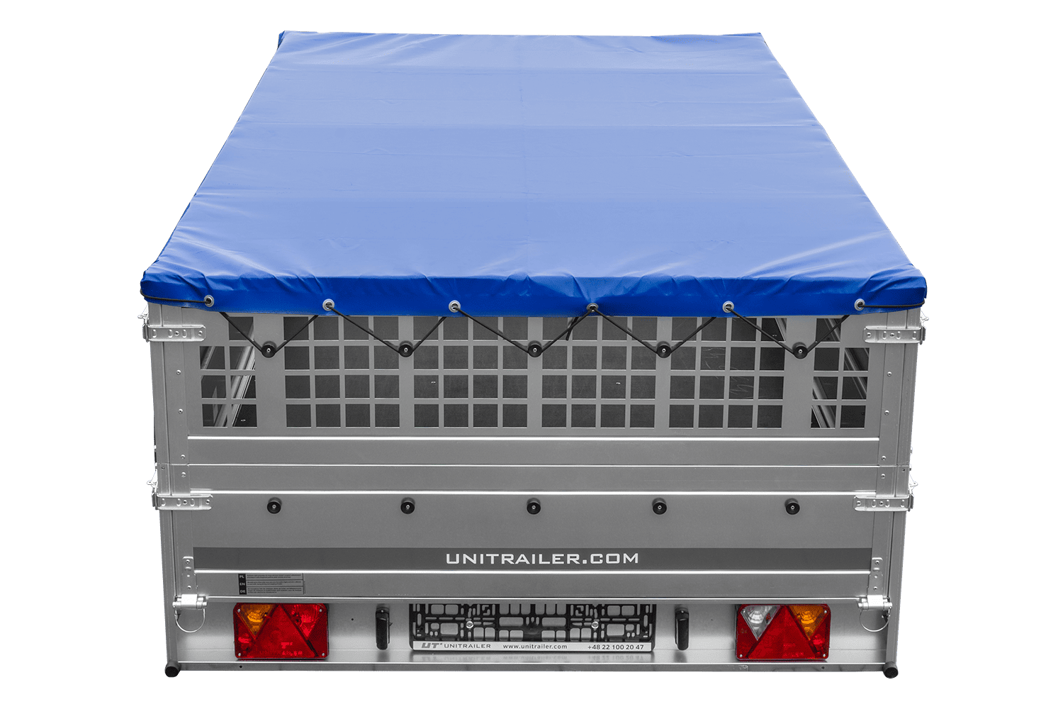 Anhänger 264×150 UNITRAILER GARDEN 265 KIPP mit Gitteraufsatz, Flachplanenträgern und blauer Plane – Bild 7