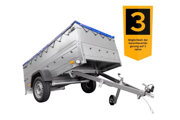 Anhänger mit faltbarer Deichsel Garden Trailer 230 KIPP mit zusätzlichen Bordwänden, Stützrad und blauer Flachplane-Neu – Bild 4