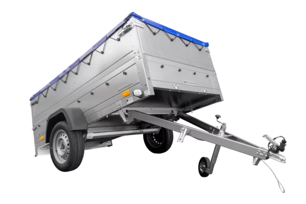 Anhänger mit faltbarer Deichsel Garden Trailer 230 KIPP mit zusätzlichen Bordwänden, Stützrad und blauer Flachplane-Neu – Bild 5