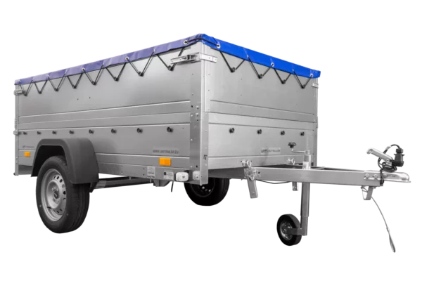 Anhänger mit faltbarer Deichsel Garden Trailer 230 KIPP mit zusätzlichen Bordwänden, Stützrad und blauer Flachplane-Neu – Bild 6