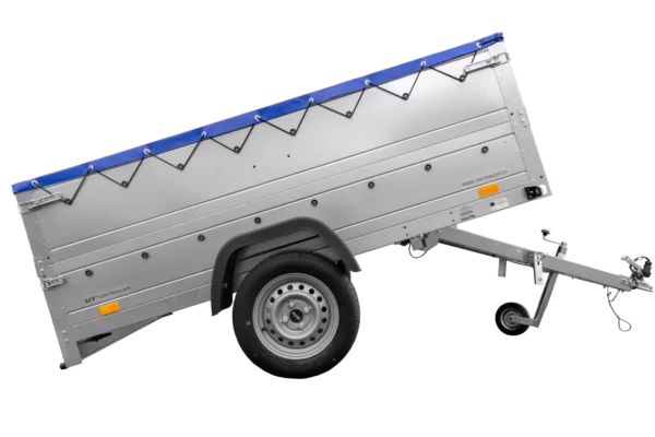 Anhänger mit faltbarer Deichsel Garden Trailer 230 KIPP mit zusätzlichen Bordwänden, Stützrad und blauer Flachplane-Neu