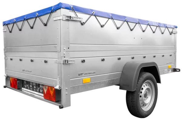 Anhänger mit faltbarer Deichsel Garden Trailer 230 KIPP mit zusätzlichen Bordwänden, Stützrad und blauer Flachplane-Neu – Bild 2
