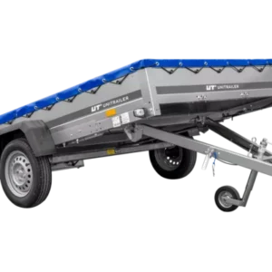 Einachsanhänger 264×150 UNITRAILER GARDEN 265 KIPP mit einem Flachplanenträger und blauer Plane-Neu