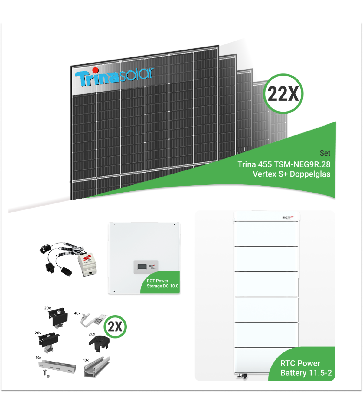 10,01 kWp PV-Komplettset mit 22x Trina TSM-NEG9R.28 Vertex S+ 455 W Doppelglas-Module & RCT Power Storage 10.0 & RCT Power Battery 11.5-2 Speicher – inkl. Unterkonstruktion für Ziegeldächer